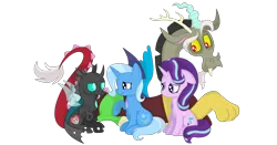 Size: 3902x2043 | Tagged: safe, artist:squipycheetah, derpibooru import, discord, starlight glimmer, thorax, trixie, changeling, draconequus, pony, unicorn, to where and back again, alternate universe, cutie mark, fangs, female, floppy ears, gem, happy, heart, looking at each other, looking back, love and tolerate, male, mare, missing accessory, peace symbol, raised hoof, reformed four, shading, simple background, sitting, smiling, spread wings, transparent background, transparent wings, vector