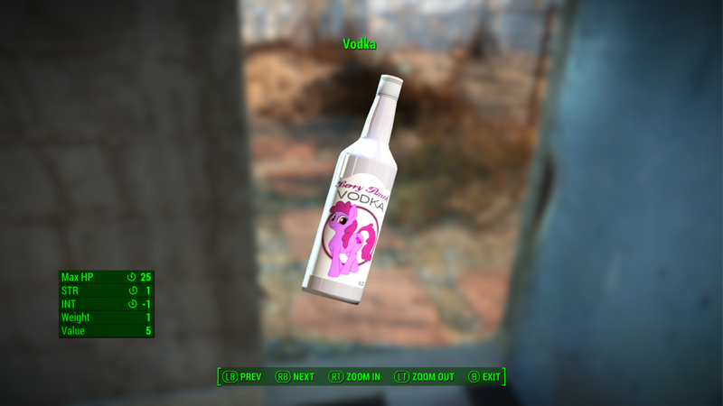 Size: 1280x720 | Tagged: safe, derpibooru import, screencap, berry punch, berryshine, pony, alcohol, bottle, fallout 4, game mod, vodka, xbox one