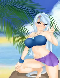 Size: 2625x3375 | Tagged: anime style, armband, artist:magico-enma, bandeau, barefoot, beach, belly button, big breasts, blue underwear, blushing, breasts, busty trixie, clothes, cloud, derpibooru import, feet, female, finger gun, human, humanized, jewelry, looking at you, midriff, necklace, ocean, panties, panty shot, purple eyes, sand, short skirt, skimpy, skirt, skirt lift, smiling, solo, solo female, suggestive, thighs, tree, trixie, underwear, upskirt