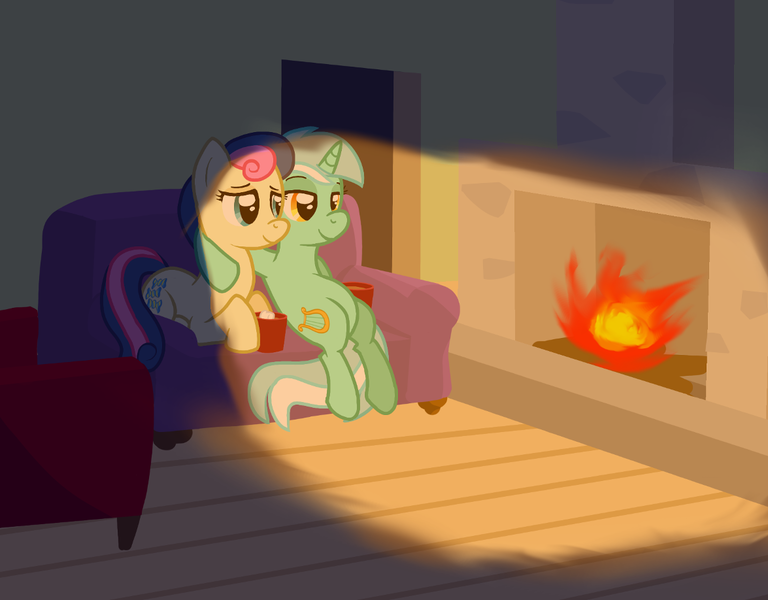 Size: 1175x918 | Tagged: safe, artist:zharkaer, derpibooru import, bon bon, lyra heartstrings, sweetie drops, lyra and bon bon and the mares from s.m.i.l.e., my little pony chapter books, bedroom eyes, chocolate, couch, cup, female, fire, fireplace, food, hot chocolate, lesbian, lidded eyes, lyrabon, marshmallow, s.m.i.l.e., scene interpretation, shipping, smiling