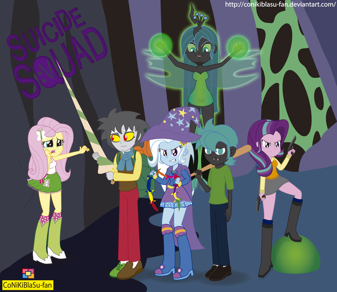 Size: 4667x4039 | Tagged: safe, artist:conikiblasu-fan, derpibooru import, discord, fluttershy, queen chrysalis, starlight glimmer, thorax, trixie, changeling, equestria girls, to where and back again, absurd resolution, baseball bat, boots, clothes, crossover, dc comics, dual pistols, dual wield, equestria girls-ified, gun, high heel boots, magic, reformed four, shoes, skirt, socks, suicide squad, tanktop, umbrella, weapon