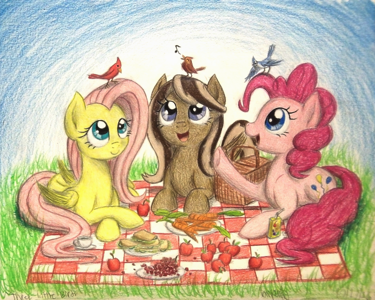 Size: 1332x1068 | Tagged: safe, artist:thefriendlyelephant, derpibooru import, fluttershy, pinkie pie, oc, oc:caramel breeze, bird, blue jay, cardinal, pegasus, pony, apple, carrot, commission, cucumber, cucumber sandwiches, food, grapes, juice, juice box, music notes, picnic, picnic basket, picnic blanket, teacup, traditional art