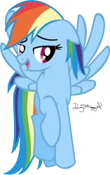 Size: 1814x2883 | Tagged: safe, artist:thumperlikestoast, derpibooru import, rainbow dash, pegasus, pony, embarrassed, looking at you, open mouth, raised hoof, signature, simple background, smiling, solo, spread wings, transparent background, vector