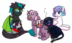 Size: 1280x773 | Tagged: safe, artist:jolliapplegirl, derpibooru import, princess flurry heart, oc, oc:desert moon, oc:hazy sky, oc:illusive spark, oc:olive branch, oc:sirius veil, alicorn, changeling, dragon, hybrid, pony, unicorn, alicorn oc, changeling oc, cousins, female, interspecies offspring, lesbian, magical gay spawn, magical lesbian spawn, next generation, offspring, parent:princess cadance, parent:princess celestia, parent:princess luna, parent:shining armor, parent:spike, parent:thorax, parent:twilight sparkle, parents:shiningcadance, parents:thoraxspike, parents:twilestia, sleeping, zzz