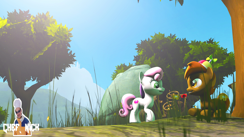 Size: 3840x2160 | Tagged: 3d, artist:nicolovisky, buttonbetes, button mash, cute, cutie mark, dead source, derpibooru import, flower, male, rose, safe, shipping, source filmmaker, straight, sweetie belle, sweetiemash, the cmc's cutie marks