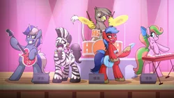 Size: 1833x1031 | Tagged: safe, artist:drawponies, derpibooru import, oc, unofficial characters only, pegasus, pony, unicorn, zebra, band, bipedal, drums, guitar, microphone, singing