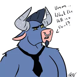 Size: 900x900 | Tagged: artist:tateshaw, clothes, cute, derpibooru import, dialogue, iron will, male, minotaur, necktie, nose piercing, nose ring, piercing, safe, shirt, simple background, solo, white background, willabetes