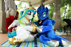 Size: 1200x800 | Tagged: artist:hutouluosha, artist:rainbow scratch, artist:yukandasama, derpibooru import, fursuit, human, irl, irl human, photo, princess celestia, princess luna, rainbow scratch(coser), safe, yukandasama(coser)