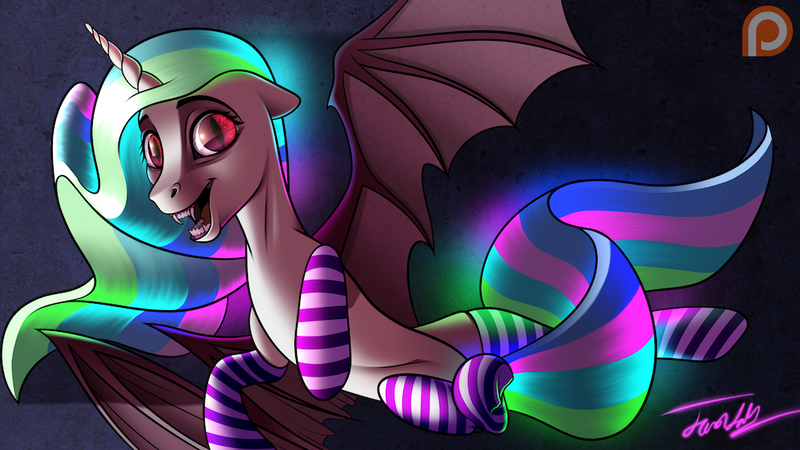 Size: 1000x563 | Tagged: safe, derpibooru import, princess celestia, bat pony, pony, bat wings, belly, belly button, clothes, glow, glowing mane, image, looking at you, nightmare fuel, png, socks, solo, striped socks