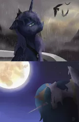 Size: 792x1224 | Tagged: artist:theoddlydifferentone, bird, crying, derpibooru import, despair, eyes closed, floppy ears, mare in the moon, moon, princess celestia, princess luna, rain, sad, safe, screaming, stars