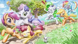 Size: 2400x1350 | Tagged: safe, artist:michiito, derpibooru import, angel bunny, apple bloom, applejack, derpy hooves, rainbow dash, rarity, scootaloo, sweetie belle, pegasus, pony, accessory theft, cutie mark, cutie mark crusaders, face doodle, female, filly, green hair, green mane, hair dye, loose hair, mare, prank, the cmc's cutie marks, this will end in tears and/or death and/or covered in tree sap, traditional art
