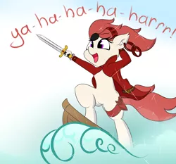 Size: 1500x1398 | Tagged: safe, artist:n0nnny, derpibooru import, oc, oc:rosa lanzar, unofficial characters only, pony, bipedal, clothes, dialogue, eyepatch, laughing, pirate, solo, sword, weapon, wide eyes