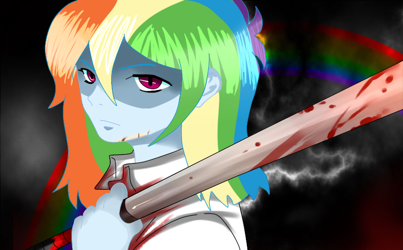 Size: 844x524 | Tagged: grimdark, artist:anael34gaby, derpibooru import, rainbow dash, equestria girls, baseball bat, blood, higurashi no naku koro ni, parody, solo