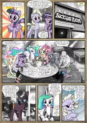 Size: 1363x1920 | Tagged: safe, artist:pencils, derpibooru import, fluttershy, limestone pie, maud pie, pinkie pie, princess celestia, rainbow dash, rarity, spike, twilight sparkle, twilight sparkle (alicorn), oc, oc:anon, oc:fannie noveau, oc:mascara maroon, oc:moonglow twinkle, alicorn, dragon, earth pony, human, pegasus, pony, satyr, unicorn, comic:anon's pie adventure, cake, cakelestia, cider, comic, eating, female, food, glasses, human male, intolerance, male, mane six, mare, monochrome, neo noir, noodle incident, pain star, partial color, tail bow