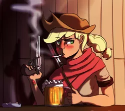 Size: 1280x1144 | Tagged: alcohol, applejack, artist:crade, ashtray, beer, cider, cigarette, cowgirl, derpibooru import, gun, human, humanized, safe, smoking, solo, weapon