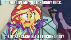 Size: 888x499 | Tagged: safe, derpibooru import, edit, edited screencap, screencap, sci-twi, sunset shimmer, twilight sparkle, equestria girls, angry, exploitable meme, grand theft auto, gta v, image macro, meme, michael de santa, michael townley, sunset yells at twilight, vulgar