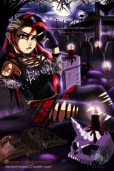 Size: 1280x1920 | Tagged: safe, artist:darkmirroremo23, derpibooru import, sunset shimmer, crow, equestria girls, alternative cutie mark placement, bracelet, breasts, busty sunset shimmer, candle, cemetery, clothes, crescent moon, cross, ear piercing, emo, female, fire, gothic, graveyard, halloween, holiday, jewelry, midriff, moon, pantyhose, piercing, pleated skirt, sitting, skirt, skull, solo, spiked wristband, tanktop