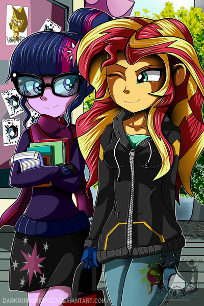 Size: 1280x1920 | Tagged: safe, artist:darkmirroremo23, derpibooru import, sci-twi, sunset shimmer, twilight sparkle, equestria girls, friendship games, book, clod, clothes, coat, cutie mark on clothes, female, glasses, hair bun, lesbian, one eye closed, scarf, scitwishimmer, shipping, skirt, smiling, steven universe, sunsetsparkle, walking, watermark, wink, yellow diamond (steven universe)