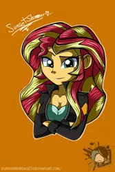 Size: 1280x1920 | Tagged: safe, artist:darkmirroremo23, derpibooru import, sunset shimmer, equestria girls, breasts, busty sunset shimmer, cleavage, clothes, crossed arms, female, jacket, leather jacket, looking at you, orange background, simple background, smiling, solo