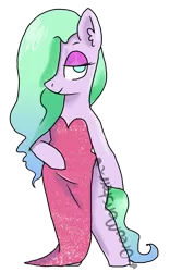 Size: 606x970 | Tagged: safe, artist:oreomonsterr, derpibooru import, oc, oc:pastel flower, unofficial characters only, pony, bipedal, clothes, cosplay, costume, dress, hair over one eye, jessica rabbit, side slit, solo, watermark, who framed roger rabbit