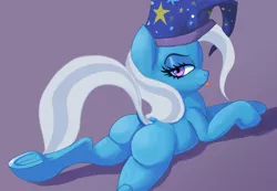 Size: 832x577 | Tagged: suggestive, artist:raikoh, derpibooru import, trixie, pony, unicorn, bedroom eyes, dock, female, hat, looking at you, mare, missing cutie mark, nightcap, plot, prone, raspberry, simple background, smirk, solo, solo female, the great and powerful ass, tongue out, underhoof