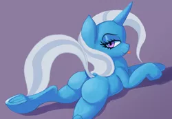 Size: 904x627 | Tagged: suggestive, artist:raikoh, derpibooru import, trixie, pony, unicorn, bedroom eyes, dock, female, looking at you, looking back, looking back at you, mare, missing cutie mark, plot, prone, purple background, raised tail, raspberry, simple background, smirk, solo, solo female, tail, the great and powerful ass, tongue out, underhoof
