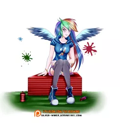 Size: 1024x1044 | Tagged: alternate version, artist:silver-wingx, bottle, breasts, busty rainbow dash, clothes, converse, derpibooru import, female, hoodie, human, human coloration, humanized, panties, patreon, patreon logo, rainbow dash, shoes, sitting, skirt, skirt lift, sneakers, socks, solo, suggestive, thigh highs, underwear, upskirt, white underwear, winged humanization, zettai ryouiki