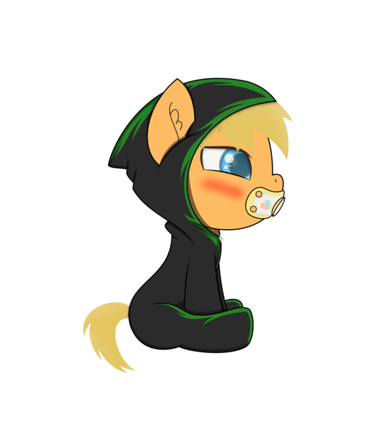 Size: 1782x2000 | Tagged: age regression, artist:the-crusader-network, blushing, clothes, cosplay, costume, derpibooru import, foal, hoodie, oc, oc:knil, onesie, overwatch, pacifier, reaper (overwatch), safe, solo, unofficial characters only