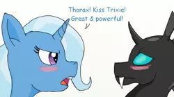 Size: 1100x618 | Tagged: safe, artist:eulicious, derpibooru import, thorax, trixie, changeling, pony, unicorn, blush sticker, blushing, bust, dialogue, engrish, female, looking at each other, male, mare, open mouth, portrait, shipping, simple background, straight, text, thoraxie, wavy mouth