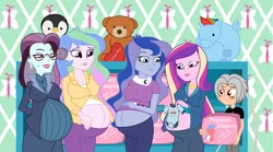 Size: 4850x2700 | Tagged: suggestive, artist:megatron-returns, artist:mintydrop2013, derpibooru import, princess cadance, princess celestia, princess luna, principal abacus cinch, oc, oc:aero ruinwing, equestria girls, alternate hairstyle, belly button, breasts, busty princess cadance, busty princess celestia, busty princess luna, busty principal abacus cinch, cleavage, dean cadance, diaper, erect nipples, female, image, male, nipple outline, png, polyamory, pregcinch, pregdance, preglestia, pregluna, pregnant, principal celestia, straight, straight shota, vice principal luna