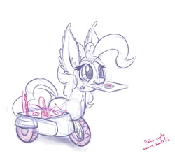 Size: 800x700 | Tagged: safe, artist:heir-of-rick, derpibooru import, pinkie pie, original species, pony, wheelpone, :3, chest fluff, cute, donut, ear fluff, fluffy, food, impossibly large ears, motorcycle, ponycycle, sidecar, simple background, sketch, smiling, solo, species swap, text, tricycle, wheel, white background