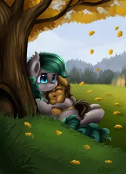 Size: 2550x3509 | Tagged: safe, artist:pridark, derpibooru import, oc, oc:nightshine, unofficial characters only, bat pony, pony, autumn, cute, duo, eyes closed, fangs, forest, grass, grass field, hug, smiling, tree
