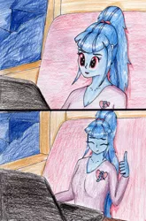 Size: 2236x3383 | Tagged: safe, artist:40kponyguy, derpibooru import, sonata dusk, equestria girls, computer, eyes closed, laptop computer, reaction image, solo, thumbs up, traditional art