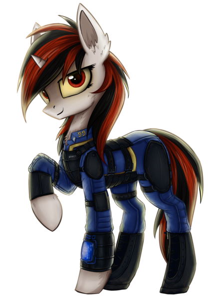 Size: 1423x1900 | Tagged: safe, artist:setharu, derpibooru import, oc, oc:blackjack, unofficial characters only, pony, unicorn, fallout equestria, fallout equestria: project horizons, cheek fluff, chest fluff, ear fluff, fallout, female, horn, looking at you, mare, raised hoof, simple background, small horn, smiling, smirk, solo, transparent background, vault security armor, vault suit