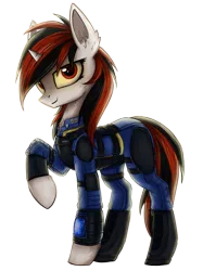 Size: 1423x1900 | Tagged: safe, artist:setharu, derpibooru import, oc, oc:blackjack, unofficial characters only, pony, unicorn, fallout equestria, fallout equestria: project horizons, cheek fluff, chest fluff, ear fluff, fallout, female, horn, looking at you, mare, raised hoof, simple background, small horn, smiling, smirk, solo, transparent background, vault security armor, vault suit