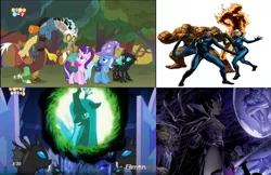 Size: 1971x1280 | Tagged: safe, derpibooru import, edit, edited screencap, screencap, discord, queen chrysalis, starlight glimmer, thorax, trixie, changeling, changeling queen, pony, unicorn, to where and back again, fantastic four, female, human torch, invisible woman, mare, mr. fantastic, projector, reformed four, skrull, the thing (marvel), veranke