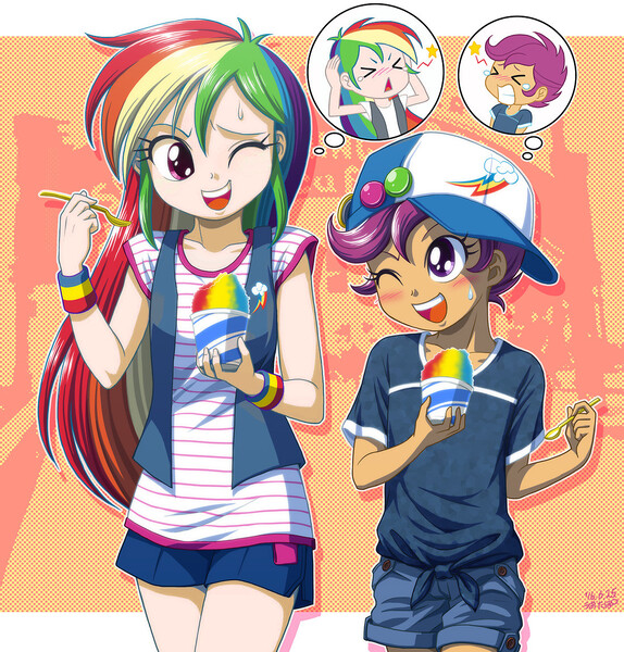 Size: 1100x1149 | Tagged: safe, artist:uotapo, derpibooru import, edit, rainbow dash, scootaloo, human, equestria girls, baseball cap, blushing, brain freeze, clothes, colored pupils, cute, cutealoo, dashabetes, denim, female, food, hat, human coloration, ice cream, light skin, one eye closed, open mouth, scootalove, shaved ice, shirt, shorts, sorbet, spoon, thought bubble, uotapo is trying to murder us, vest, wink