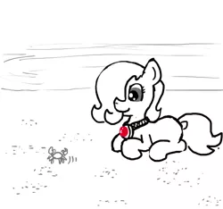 Size: 640x600 | Tagged: safe, artist:ficficponyfic, derpibooru import, oc, oc:emerald jewel, unofficial characters only, crab, earth pony, pony, colt quest, amulet, beach, blank flank, child, colt, cute, foal, hair over one eye, happy, male, monochrome, neo noir, ocean, partial color, resting, sand, smiling, solo, story included, water