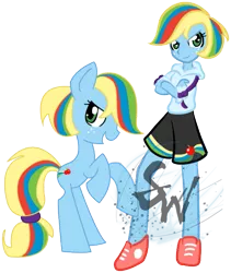 Size: 459x543 | Tagged: safe, artist:ellisarts, artist:sakairi-chan, derpibooru import, oc, unofficial characters only, pony, equestria girls, human ponidox, magical lesbian spawn, obtrusive watermark, offspring, parent:applejack, parent:rainbow dash, parents:appledash, self ponidox, solo, watermark