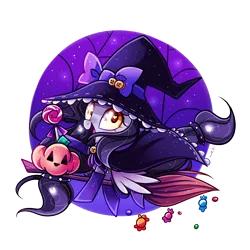 Size: 1100x1100 | Tagged: safe, artist:ipun, derpibooru import, oc, oc:errys, unofficial characters only, blushing, broom, candy, flying, flying broomstick, food, hat, heart eyes, jack-o-lantern, lollipop, open mouth, pumpkin, simple background, smiling, solo, transparent background, wingding eyes, witch hat