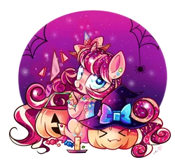 Size: 1200x1142 | Tagged: safe, artist:ipun, derpibooru import, oc, oc:sugar spell, unofficial characters only, pony, unicorn, candle, food, halloween, hat, heart eyes, holiday, jack-o-lantern, pumpkin, simple background, solo, transparent background, wingding eyes, witch hat