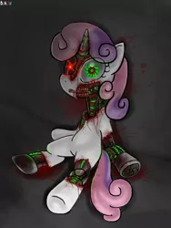 Size: 1200x1600 | Tagged: grimdark, artist:blazehart96, derpibooru import, sweetie belle, pony, robot, robot pony, unicorn, blood, female, filly, foal, hooves, horn, open mouth, robot gore, sitting, solo, sweetie bot