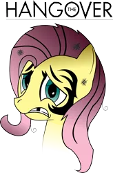 Size: 1446x2210 | Tagged: abuse, artist:shysolid, bruised, bust, derpibooru import, flutterbuse, fluttershy, gap teeth, parody, portrait, safe, simple background, solo, the hangover, title, transparent background