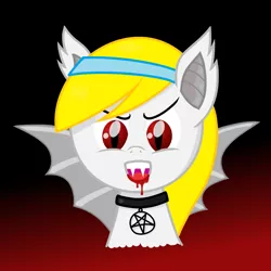 Size: 1280x1280 | Tagged: safe, artist:vitalspark, derpibooru import, oc, oc:june, unofficial characters only, bat pony, pony, vampire, bat ponified, blood, bust, collar, dark background, fangs, gradient background, pentagram, portrait, race swap, solo, spread wings