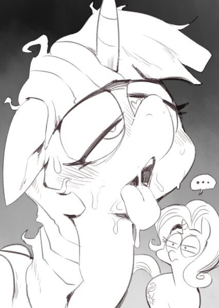 Size: 466x655 | Tagged: dead source, suggestive, artist:sunibee, derpibooru import, starlight glimmer, twilight sparkle, twilight sparkle (alicorn), alicorn, pony, ..., ahegao, blushing, floppy ears, frown, glare, gradient background, grayscale, heart eyes, messy mane, monochrome, open mouth, smiling, tongue out, unamused, wingding eyes