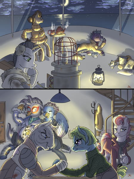 Size: 3000x4000 | Tagged: safe, artist:sourcherry, derpibooru import, derpy hooves, oc, oc:bright flush, oc:cookie dough jojo, oc:fortune strike, oc:npc, oc:spring, oc:valkyrie, classical hippogriff, earth pony, hippogriff, pony, unicorn, hoofwrestle, hug, night, teapot, winter outfit