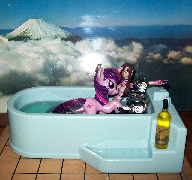 Size: 906x850 | Tagged: alcohol, bathtub, derpibooru import, diorama, irl, kamen rider, kamen rider den-o, kamen rider nega den-o, makinami mari illustrious, mobile phone, neon genesis evangelion, phone, photo, suggestive, toy, twilight sparkle, wine