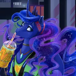 Size: 950x950 | Tagged: 7-eleven, alternate hairstyle, artist:chocolateponi, chest fluff, choker, clothes, derpibooru import, ear fluff, jewelry, necklace, ponytail, princess luna, safe, slurpee, solo, t-shirt