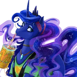 Size: 950x950 | Tagged: 7-eleven, alternate hairstyle, artist:chocolateponi, chest fluff, choker, clothes, derpibooru import, ear fluff, jewelry, necklace, ponytail, princess luna, safe, simple background, slurpee, solo, transparent background, t-shirt