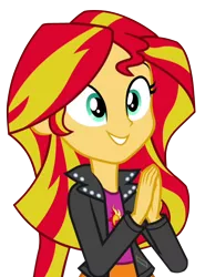 Size: 500x676 | Tagged: safe, artist:stacyhirano34, derpibooru import, sunset shimmer, equestria girls, rainbow rocks, clapping, clothes, cute, happy, jacket, leather jacket, shimmerbetes, simple background, skirt, solo, transparent background, vector
